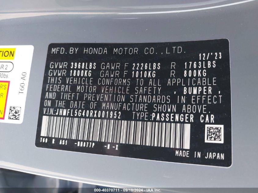 VIN JHMFL5G40RX001952 2024 Honda Civic, Type R Base... no.9