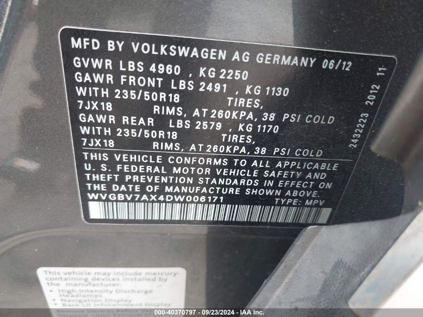 WVGBV7AX4DW006171 2013 Volkswagen Tiguan Se