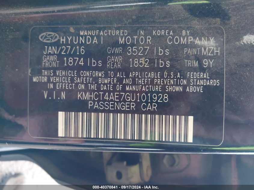 VIN KMHCT4AE7GU101928 2016 Hyundai Accent, SE no.9