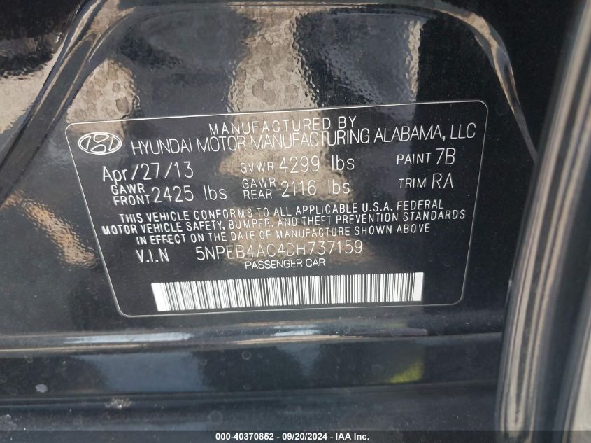 5NPEB4AC4DH737159 2013 Hyundai Sonata Gls