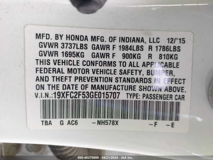 2016 Honda Civic Lx VIN: 19XFC2F53GE015707 Lot: 40370889