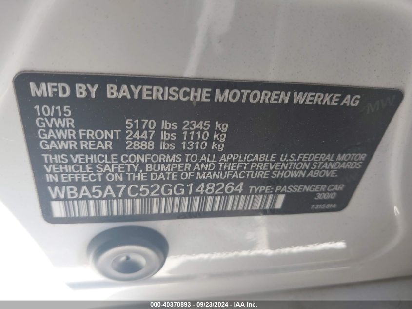 WBA5A7C52GG148264 2016 BMW 528 Xi