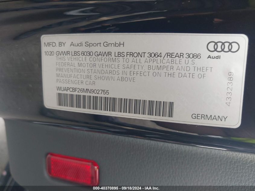 2021 Audi Rs 7 Sportback Tfsi Quattro Tiptronic VIN: WUAPCBF26MN902755 Lot: 40370895