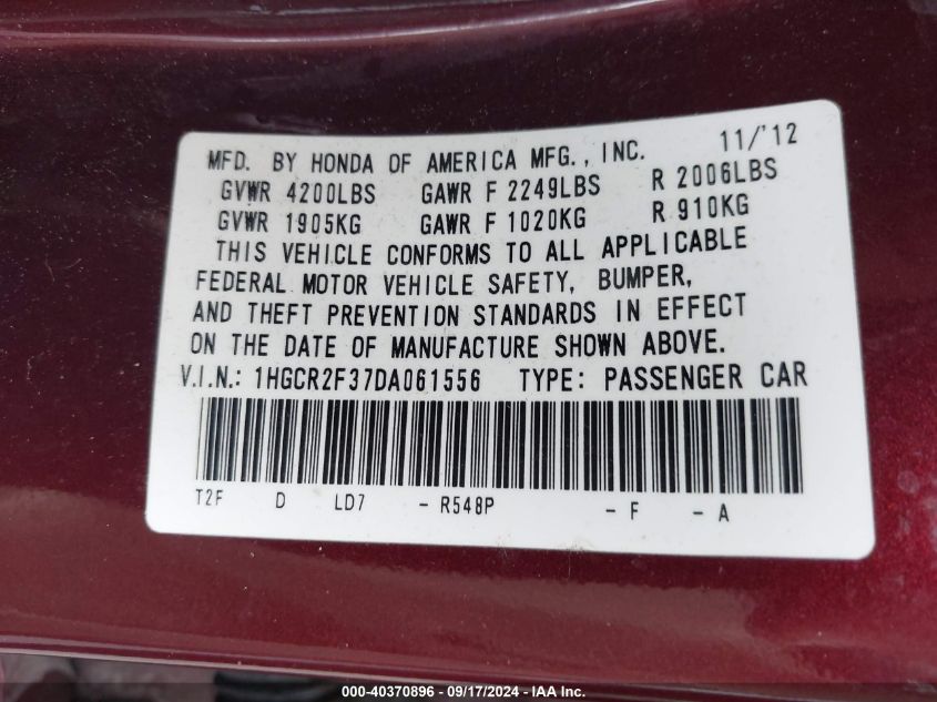 1HGCR2F37DA061556 2013 Honda Accord Lx