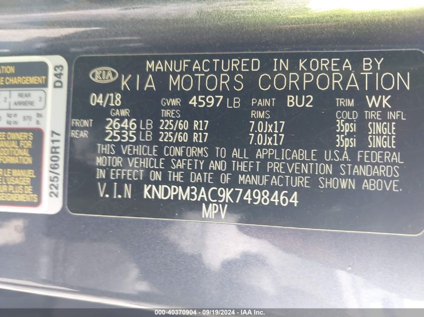 KNDPM3AC9K7498464 2019 Kia Sportage Lx