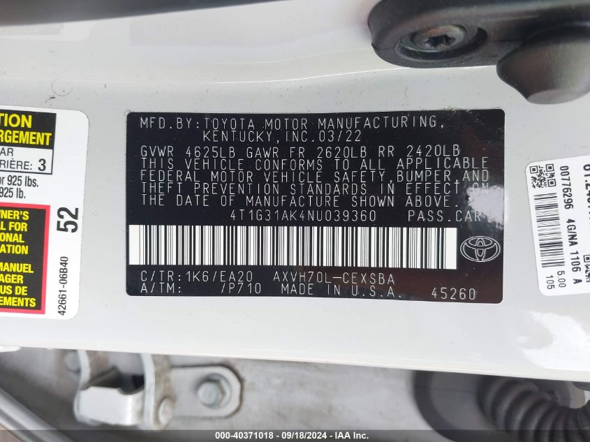 4T1G31AK4NU039360 2022 Toyota Camry Se Hybrid