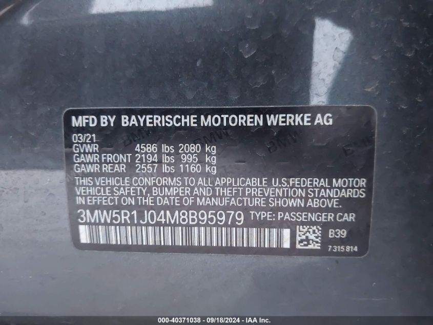 2021 BMW 330I VIN: 3MW5R1J04M8B95979 Lot: 40371038