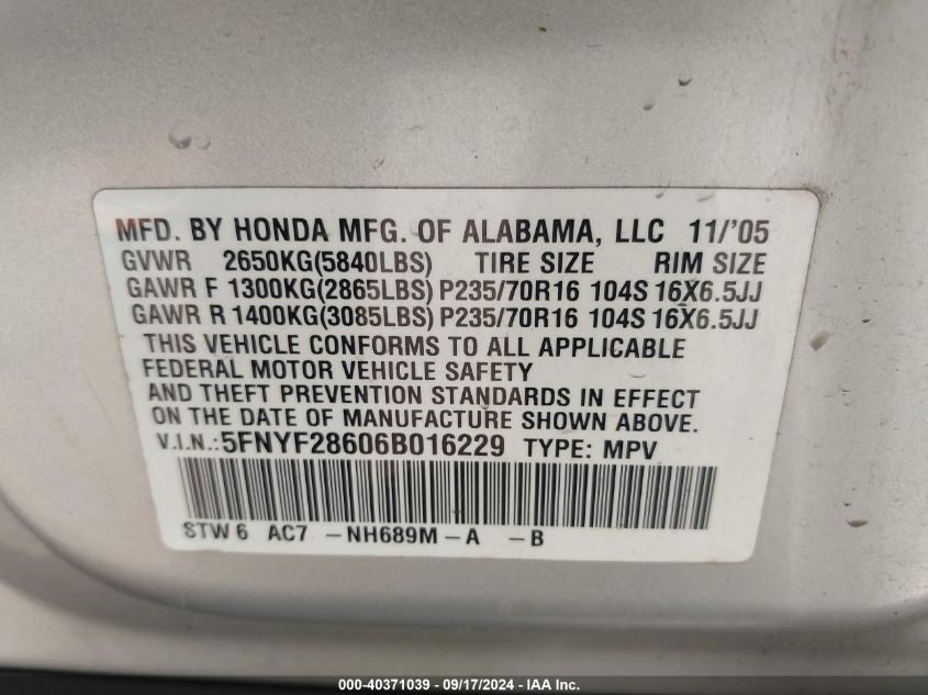 2006 Honda Pilot Ex-L VIN: 5FNYF28606B016229 Lot: 40371039