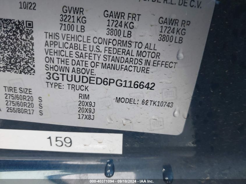 2023 GMC Sierra 1500 4Wd Standard Box Slt VIN: 3GTUUDED6PG116642 Lot: 40371094