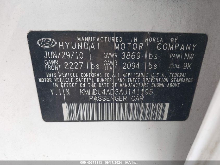 2010 Hyundai Elantra Gls VIN: KMHDU4AD3AU141195 Lot: 40371113