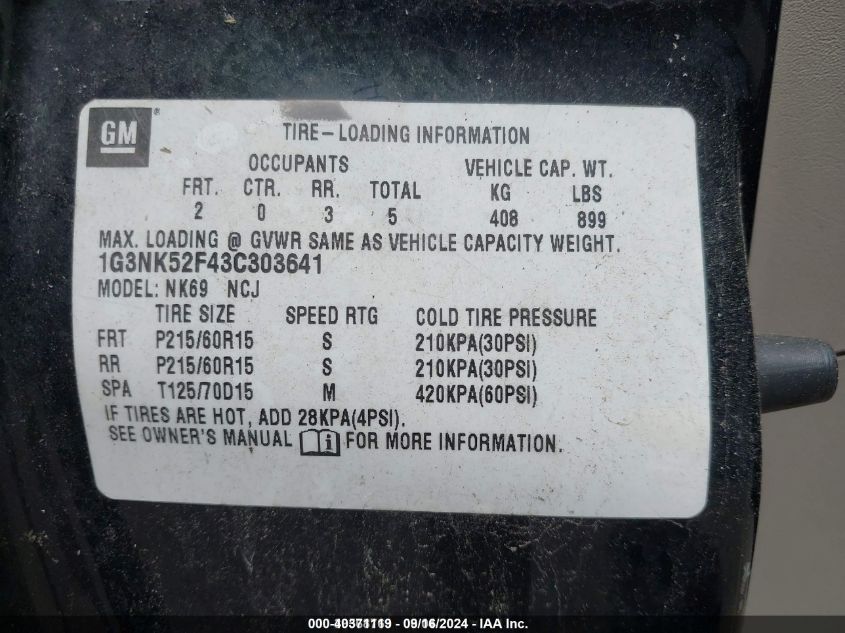 1G3NK52F43C303641 2003 Oldsmobile Alero Gx