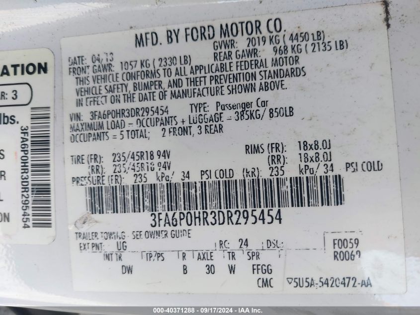 2013 FORD FUSION SE - 3FA6P0HR3DR295454