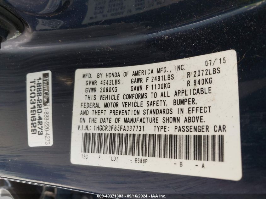 1HGCR3F85FA037731 2015 Honda Accord Ex-L V-6