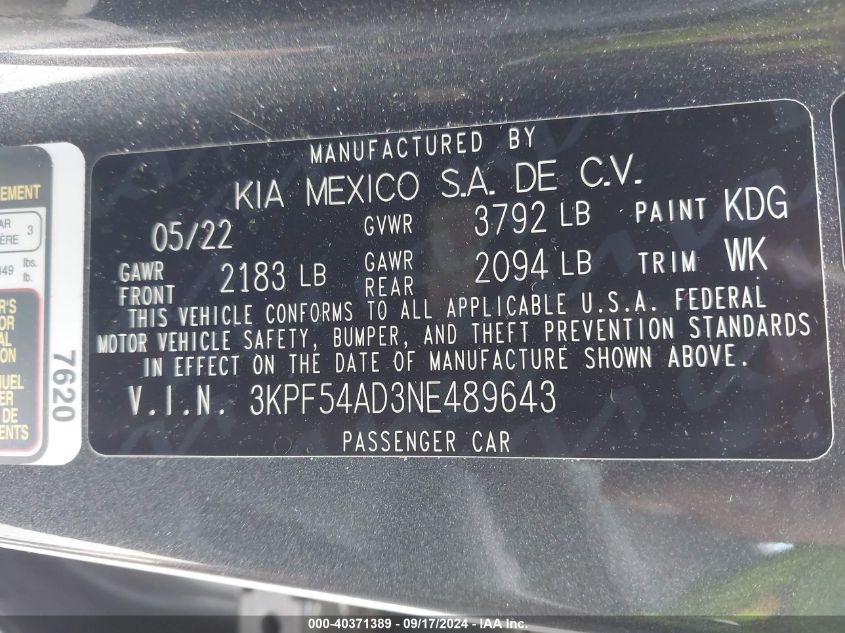 2022 Kia Forte Gt-Line VIN: 3KPF54AD3NE489643 Lot: 40371389