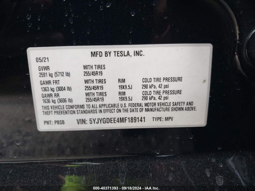 2021 Tesla Model Y Long Range Dual Motor All-Wheel Drive VIN: 5YJYGDEE4MF189141 Lot: 40371393