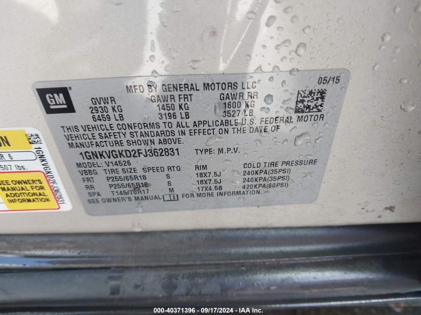 2015 Chevrolet Traverse 1Lt VIN: 1GNKVGKD2FJ362831 Lot: 40371396