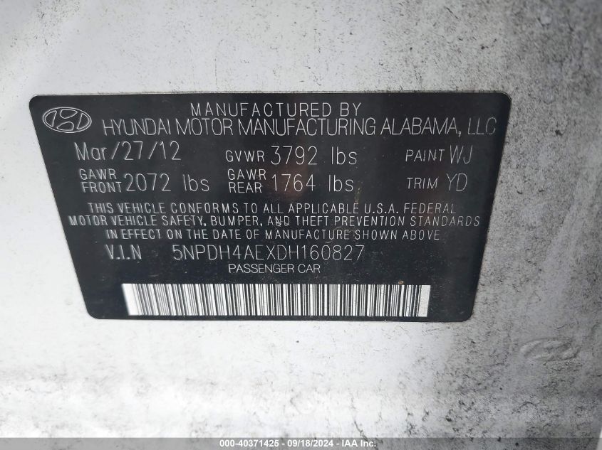 5NPDH4AEXDH160827 2013 Hyundai Elantra Gls/Limited