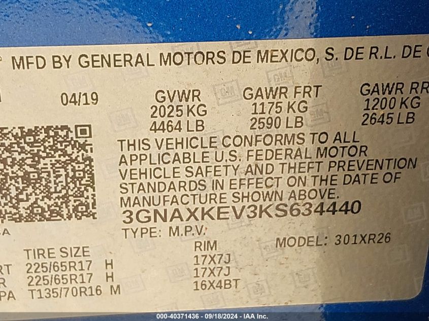 3GNAXKEV3KS634440 2019 Chevrolet Equinox Lt