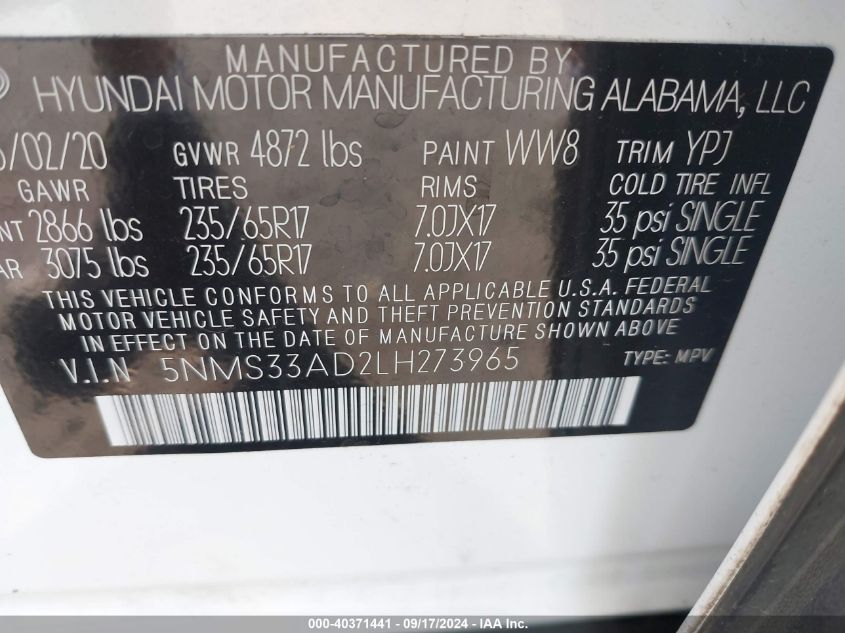 2020 Hyundai Santa Fe Sel VIN: 5NMS33AD2LH273965 Lot: 40371441