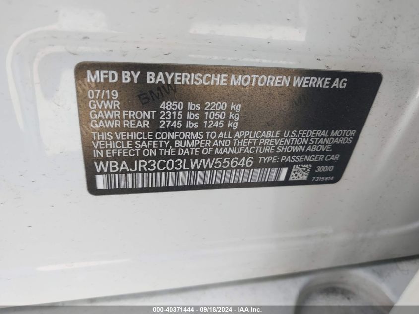 2020 BMW 530 I VIN: WBAJR3C03LWW55646 Lot: 40371444