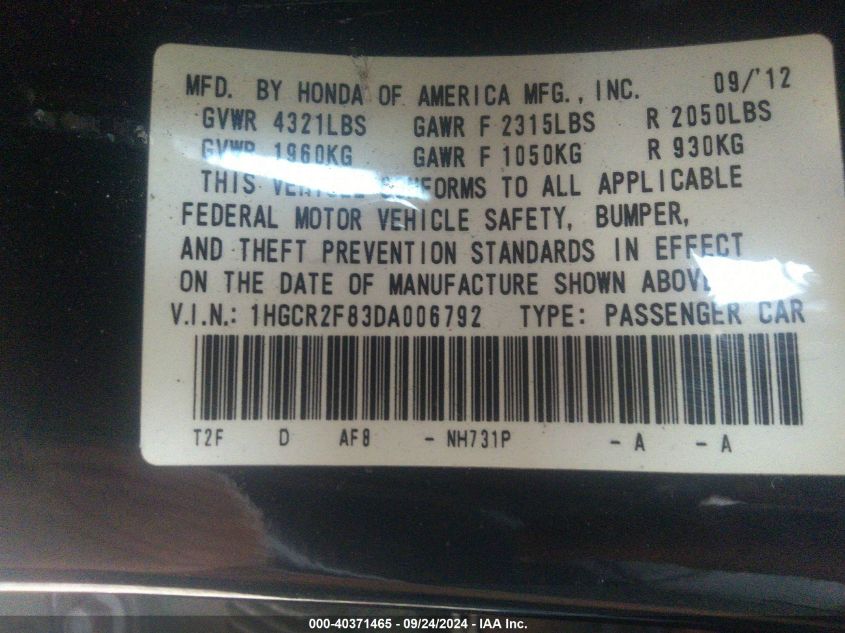 1HGCR2F83DA006792 2013 Honda Accord Exl