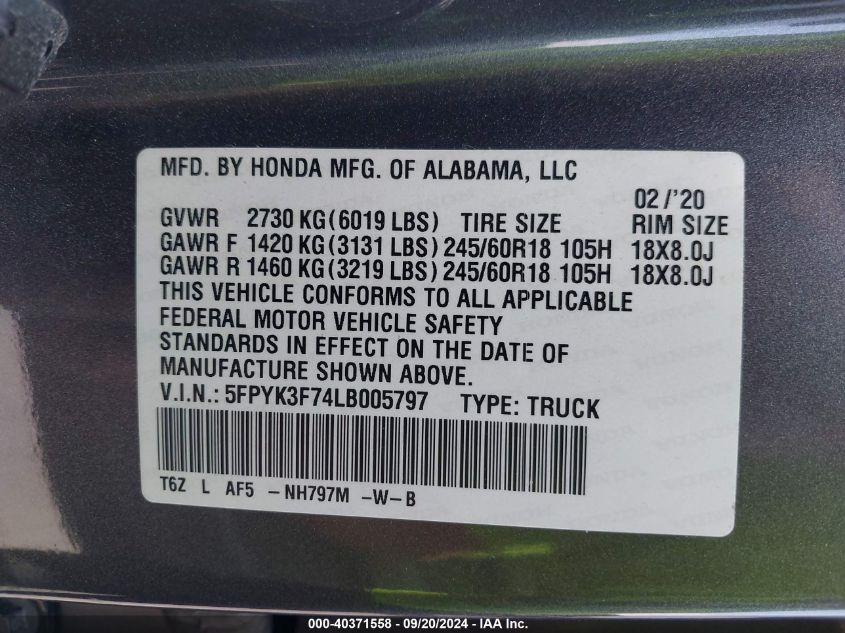 2020 Honda Ridgeline Rtl-E VIN: 5FPYK3F74LB005797 Lot: 40371558