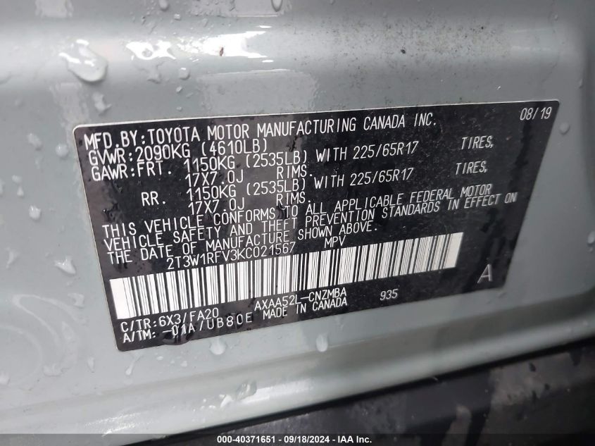 2019 TOYOTA RAV4 XLE - 2T3W1RFV3KC021567