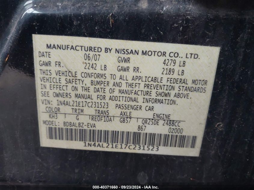 1N4AL21E17C231523 2007 Nissan Altima 2.5 S