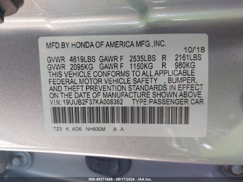 19UUB2F37KA008362 2019 Acura Tlx Standard