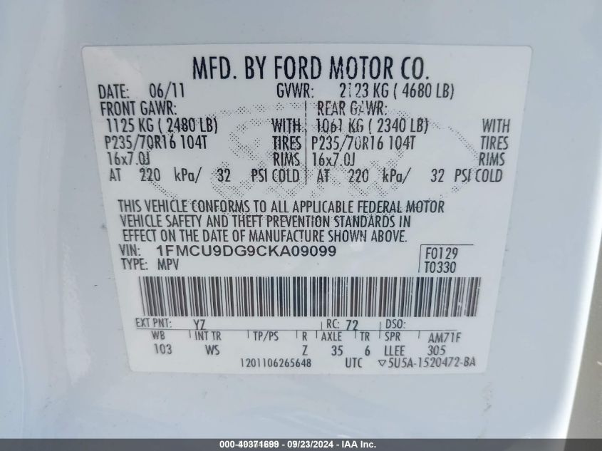 1FMCU9DG9CKA09099 2012 Ford Escape Xlt