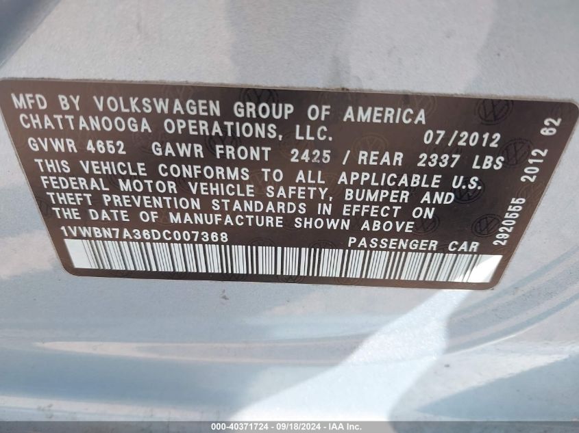 1VWBN7A36DC007368 2013 Volkswagen Passat 2.0L Tdi Se