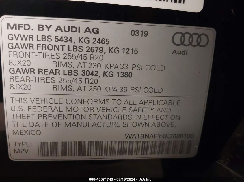 2019 Audi Q5 45 Premium VIN: WA1BNAFY4K2088100 Lot: 40371749