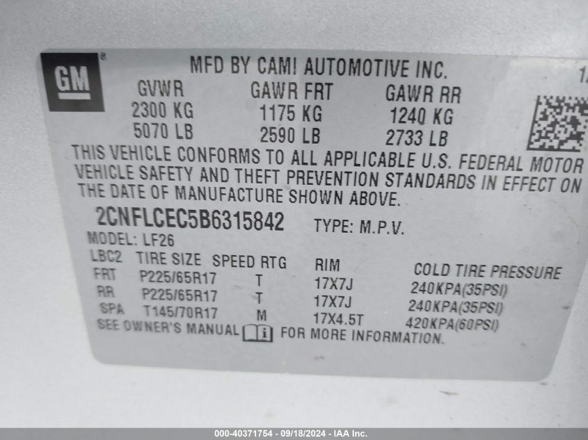 2011 Chevrolet Equinox Ls VIN: 2CNFLCEC5B6315842 Lot: 40371754