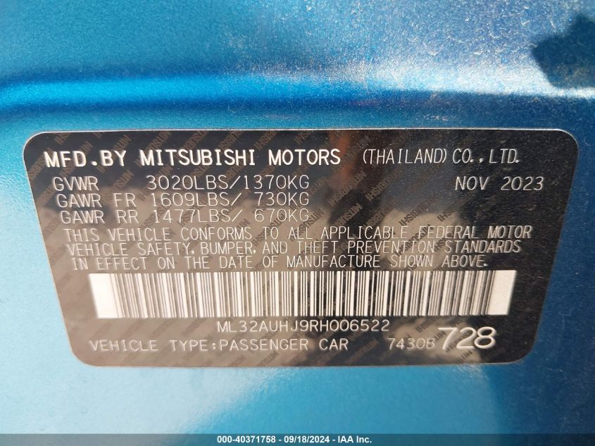 2024 Mitsubishi Mirage Es/Le VIN: ML32AUHJ9RH006522 Lot: 40371758