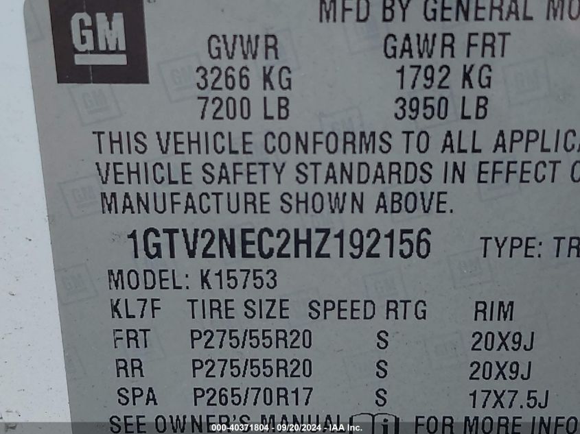 1GTV2NEC2HZ192156 2017 GMC Sierra 1500 Slt