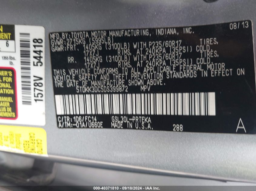 5TDKK3DC5DS399872 2013 Toyota Sienna Le V6 8 Passenger