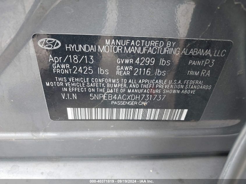 5NPEB4ACXDH731737 2013 Hyundai Sonata Gls