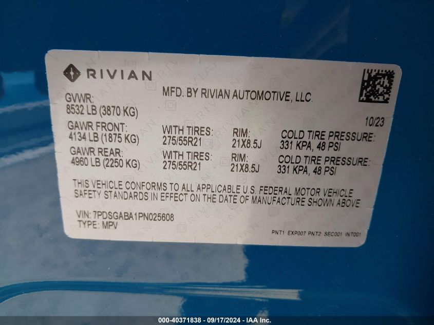 2023 Rivian R1S Adventure VIN: 7PDSGABA1PN025608 Lot: 40371838