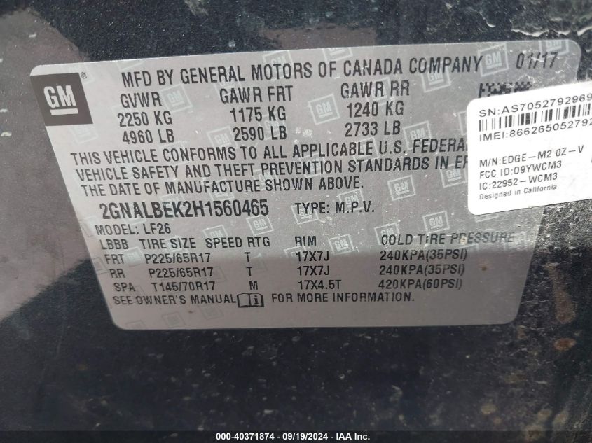 2GNALBEK2H1560465 2017 Chevrolet Equinox Ls