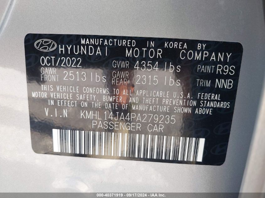 2023 Hyundai Sonata Sel VIN: KMHL14JA4PA279235 Lot: 40371919