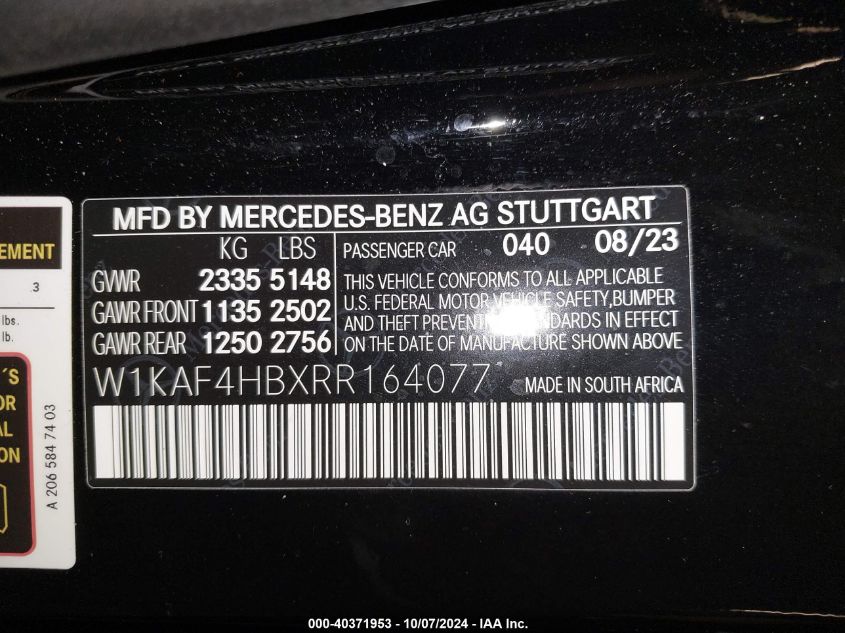 2024 Mercedes-Benz C 300 VIN: W1KAF4HBXRR164077 Lot: 40371953