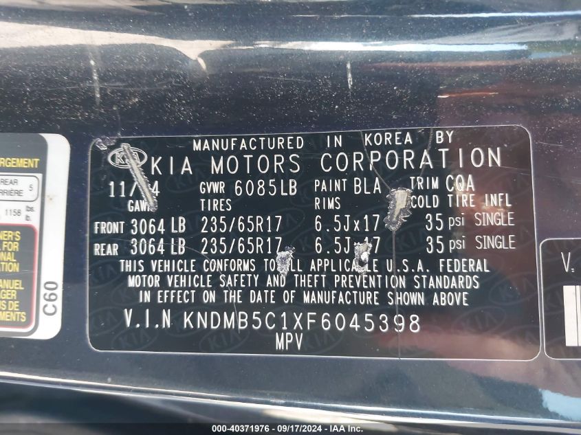 KNDMB5C1XF6045398 2015 Kia Sedona Lx