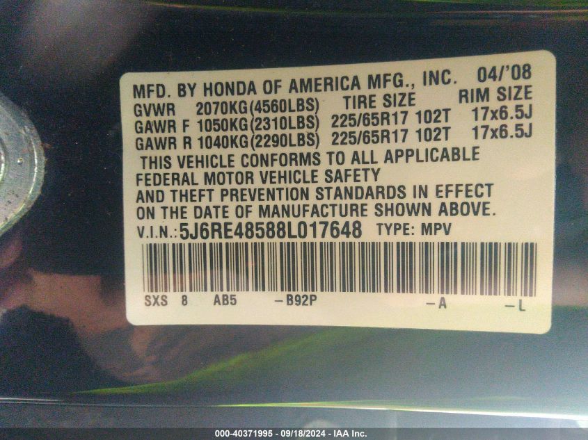 2008 Honda Cr-V Ex VIN: 5J6RE48588L017648 Lot: 40371995