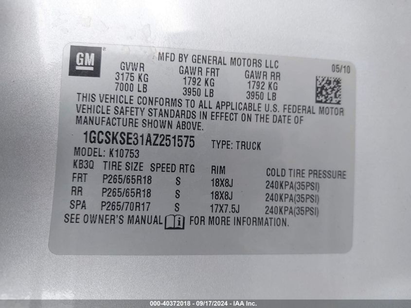 1GCSKSE31AZ251575 2010 Chevrolet Silverado 1500 Lt