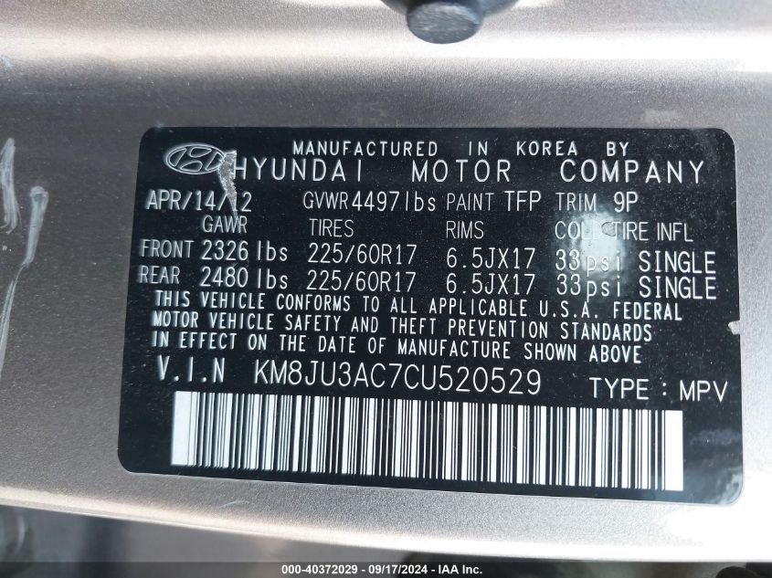 KM8JU3AC7CU520529 2012 Hyundai Tucson Gls