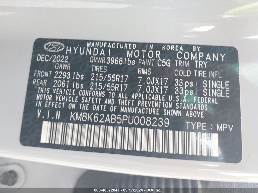 2023 Hyundai Kona Sel VIN: KM8K62AB5PU008239 Lot: 40372047