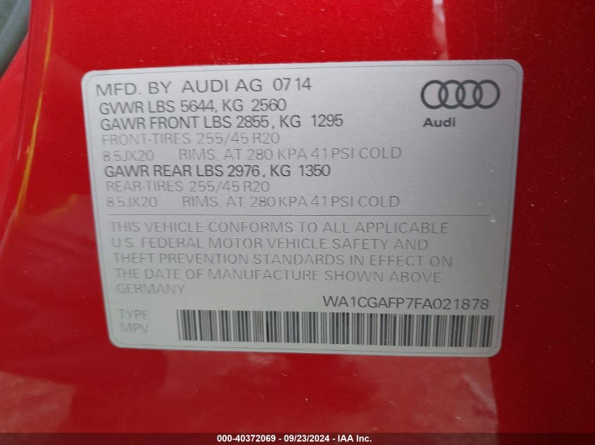 2015 Audi Sq5 3.0T Premium Plus VIN: WA1CGAFP7FA021878 Lot: 40372069