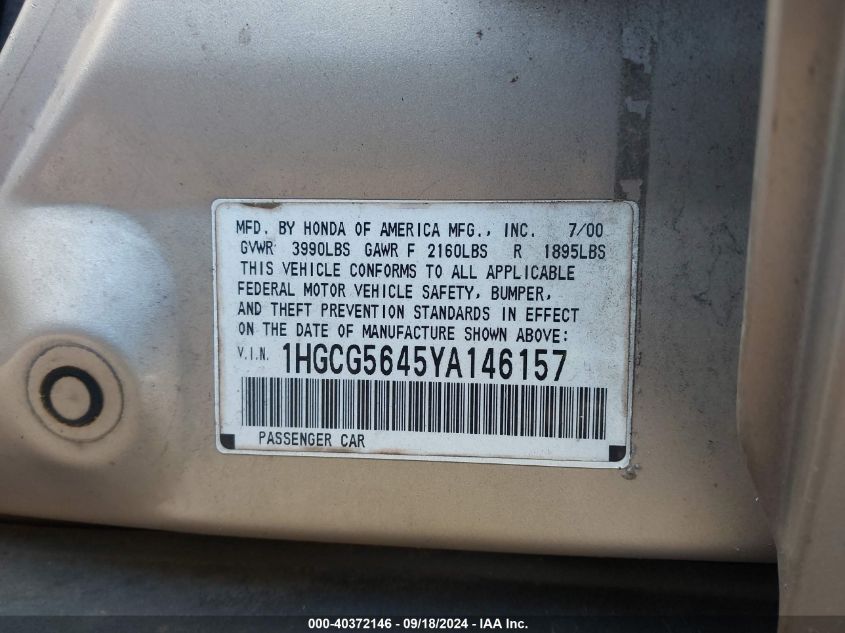 1HGCG5645YA146157 2000 Honda Accord 2.3 Lx