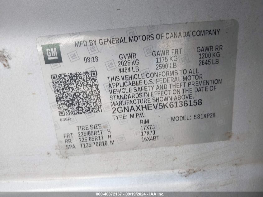 2GNAXHEV5K6136158 2019 Chevrolet Equinox Ls