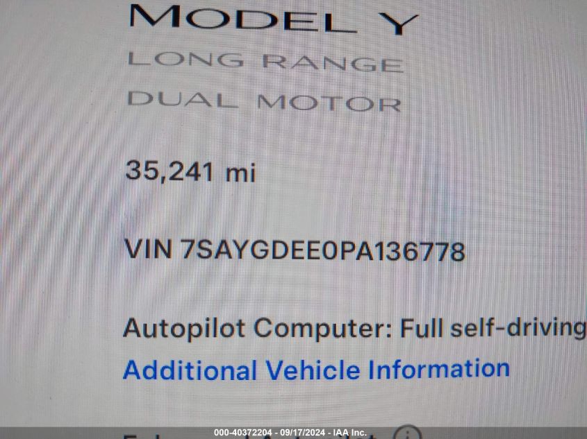 2023 Tesla Model Y Awd/Long Range Dual Motor All-Wheel Drive VIN: 7SAYGDEE0PA136778 Lot: 40372204